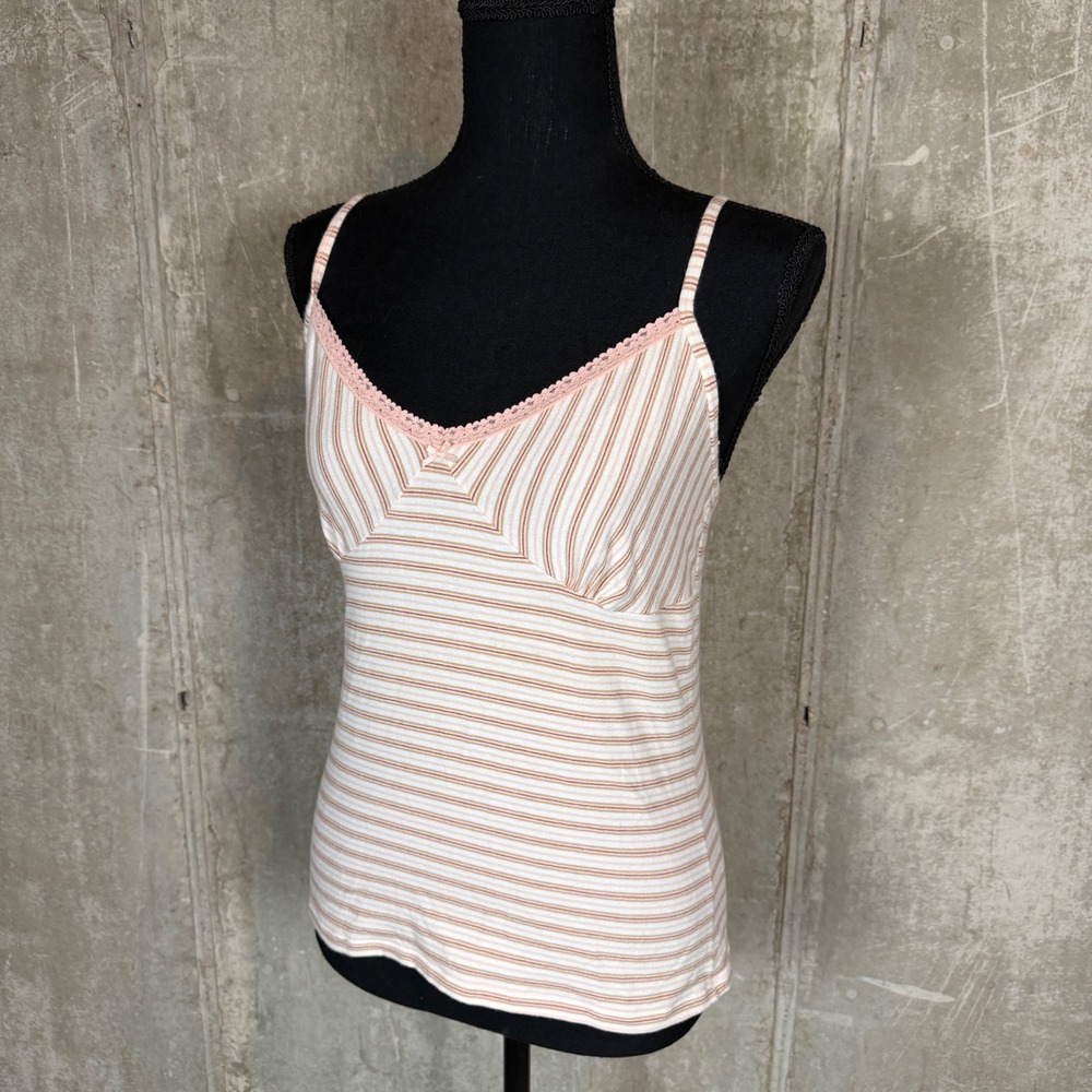 Gap Body Womens Small Pink Brown Striped Lace Trim Cami Tank Top Adjustable‎